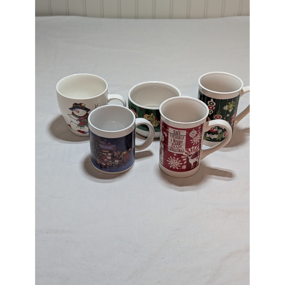 Lot of 5 Christmas Holiday Mugs Santa Snowman Reindeer Merry and Bright Ceramic